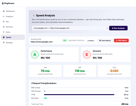 PingForever monitoring dashboard preview